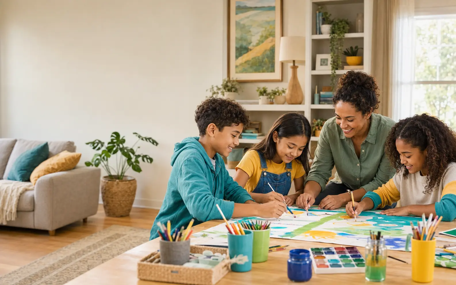 Representative image of children and a caring adult creating art together in a bright, welcoming room